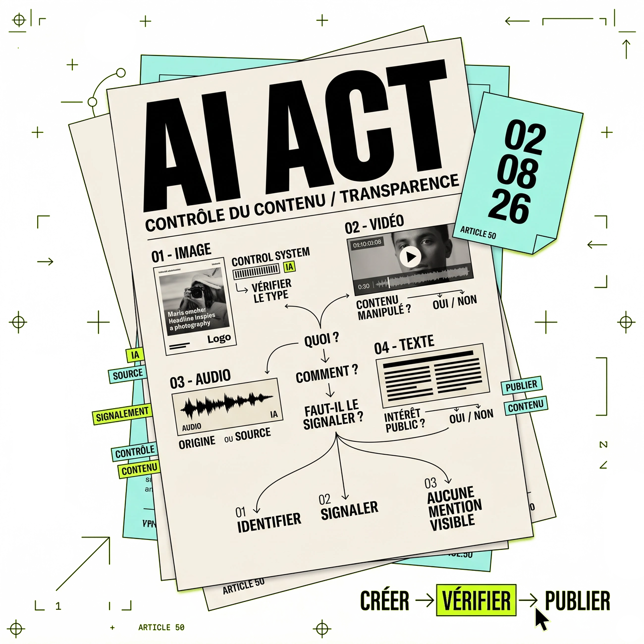 Illustration éditoriale autour de l’AI Act et de la transparence des contenus